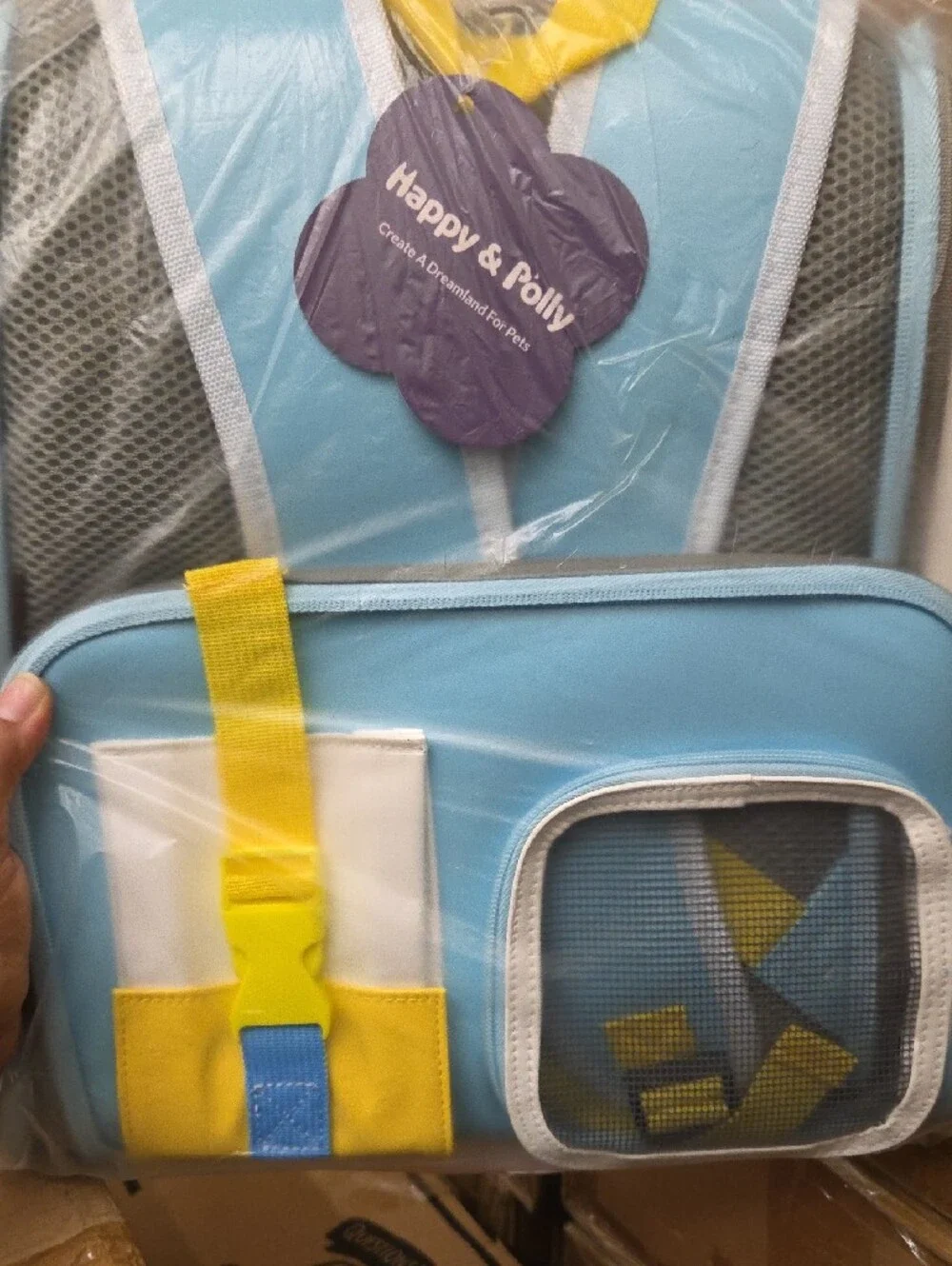 Light Blue Cat Carrier Backpack with Yellow Accents and Clear Window